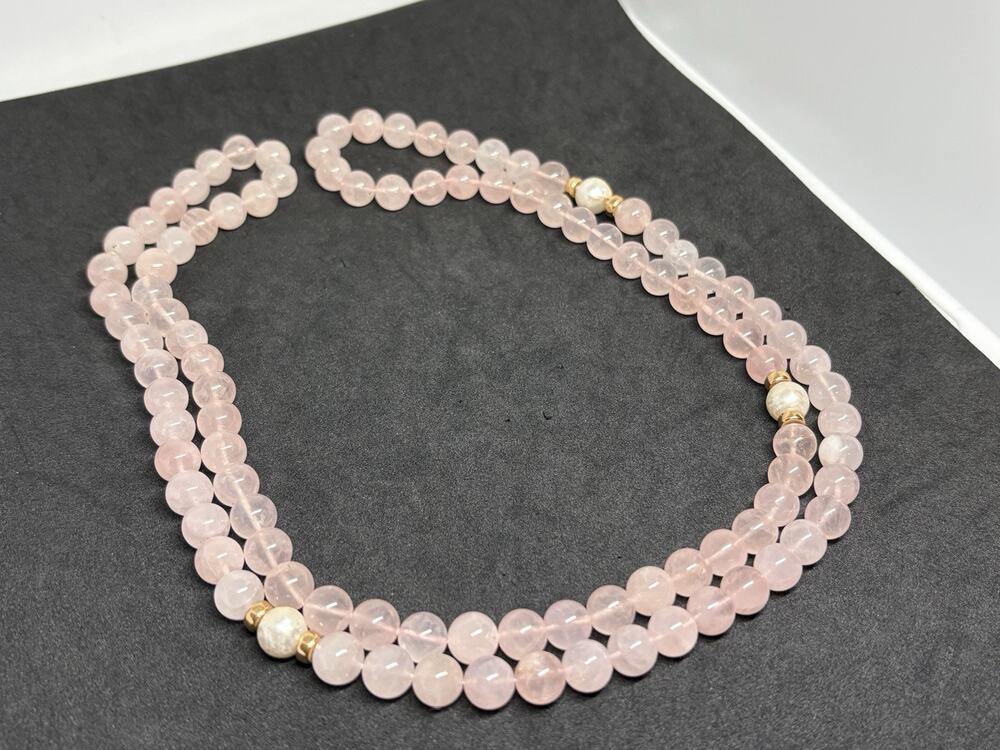 Vintage 14k Gold Natural Pearl Pink Quartz 8mm Polished Round Bead Necklace 32”